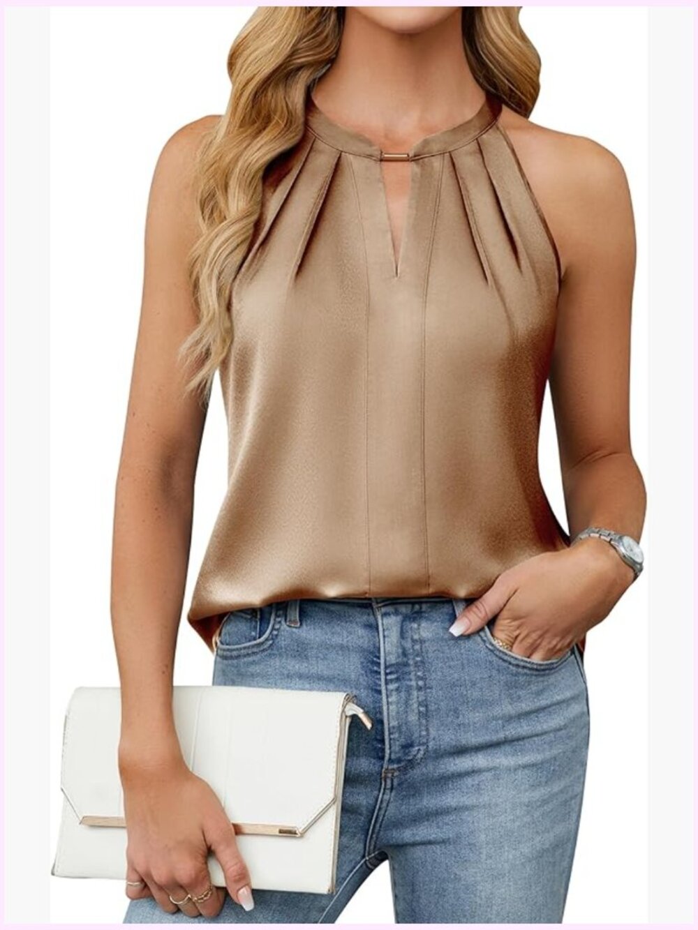 Satin Halter Tank Top Pleated Keyhole Blouse Dressy Casual Work Shirt